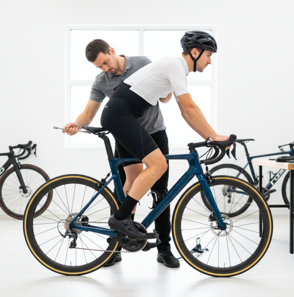 Man sieht einen Mann, der ein Velo repariert.