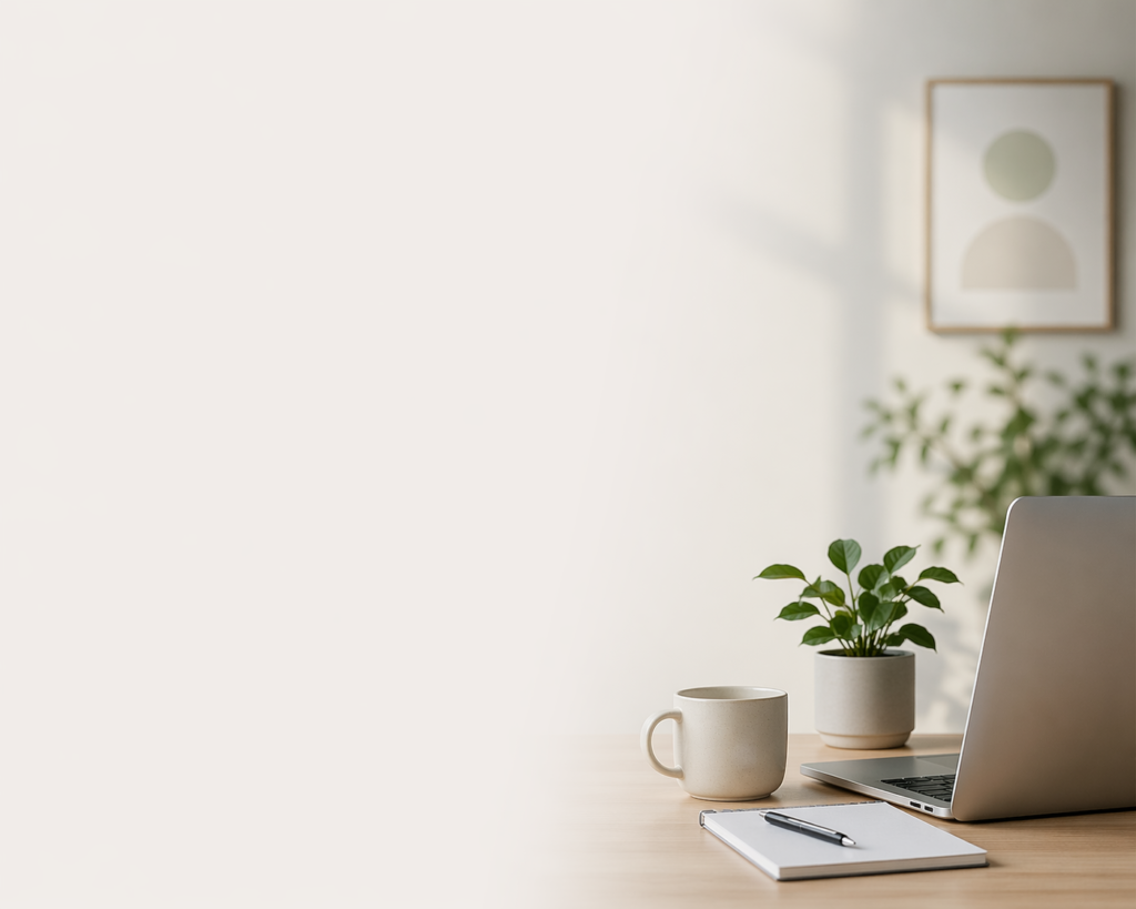 Tisch mit einer Kaffeetasse und einem Laptop